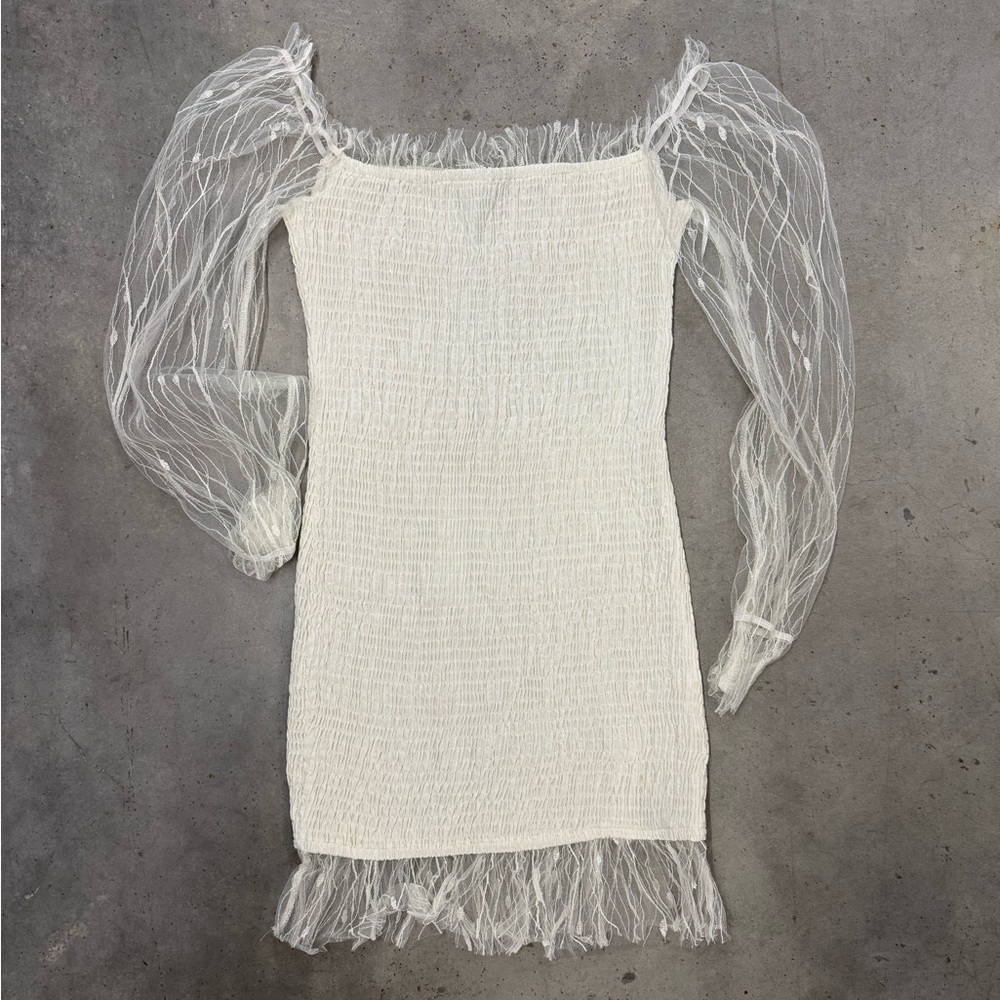 White Mesh Sleeve Ruched Mini Dress | Size L | Elegant Off-Shoulder Look